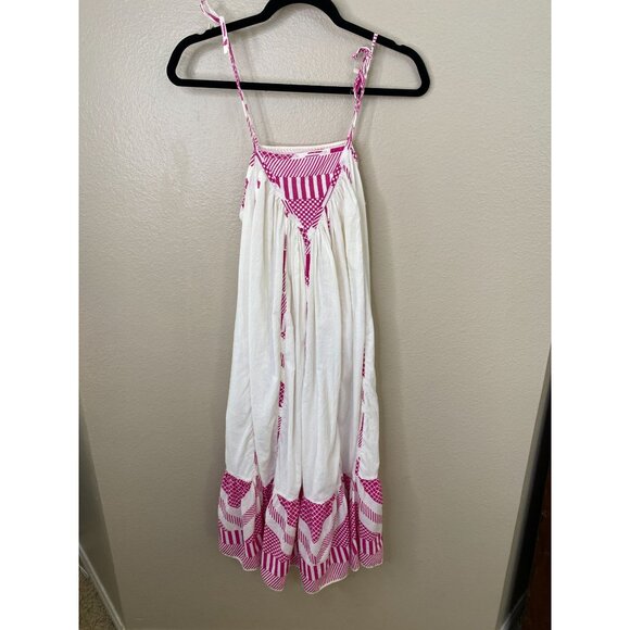 Boho White & Magenta Maxi Dress Adjustable Spaghetti Straps Striped Hem Graphic - Picture 2 of 5